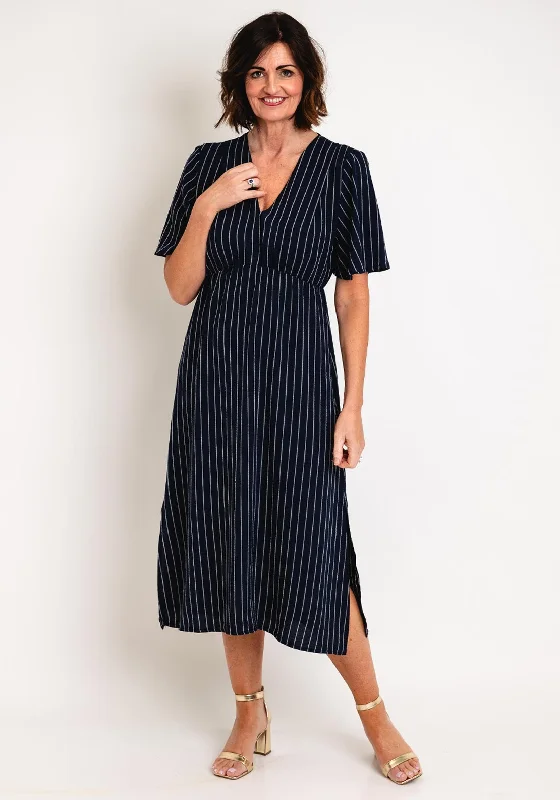 Serafina Collection V-Neckline Striped A-Line Midi Dress, Navy Comfortable Deep V Midi Dress