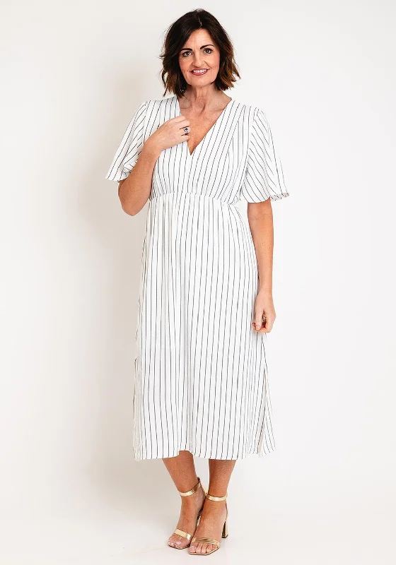 Serafina Collection V-Neckline Striped A-Line Midi Dress, White Elegant Puff Sleeve Midi Dress