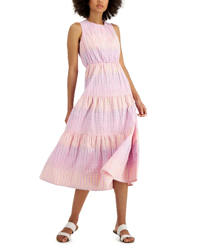 Charter Club Petite Gingham Print Midi Dress Trendy Ruffle Hem Midi Dress