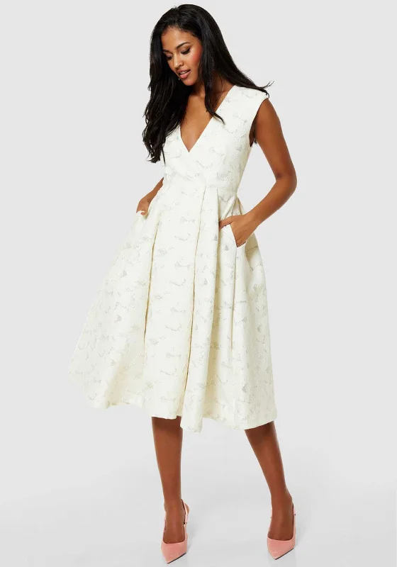 Closet London Jacquard A-line Midi Dress, Cream Elegant Floral Skirt Midi Dress