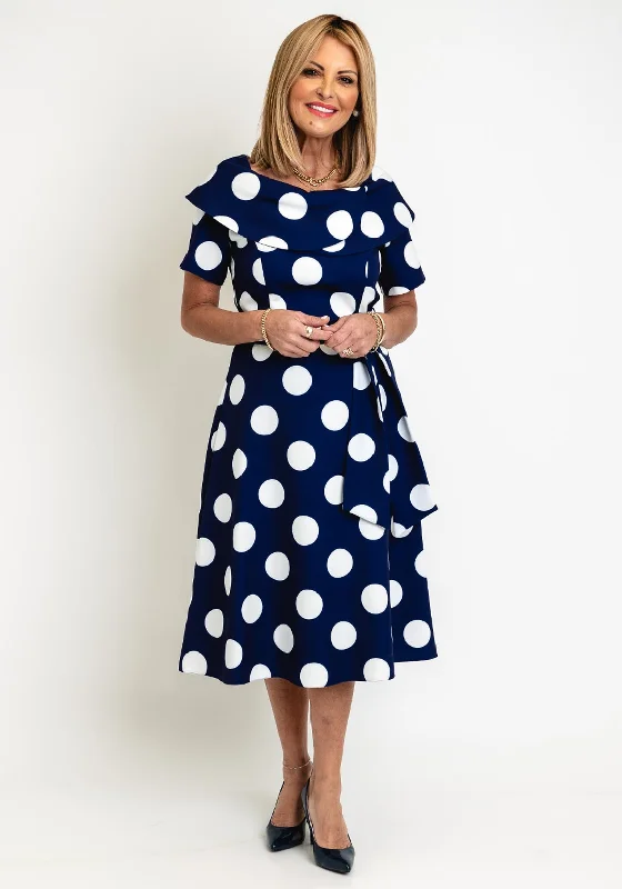 Coco Doll Hasta Polka Dot Midi Dress, Navy Trendy Off-Shoulder Ruffle Midi Dress