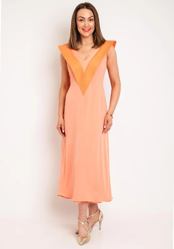 Colour Nude V Neck Aline Midi Dress, Orange Fashionable Pencil Midi Dress