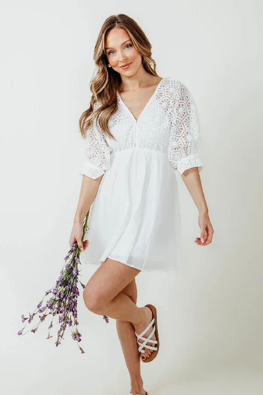 Crochet Top Mini Dress for Women in White | LD44148-WHITE Chic Mini Dress with V-Neck