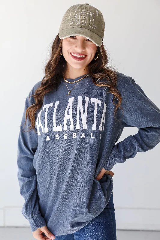 Denim Atlanta Baseball Long Sleeve Tee V-Neck T-Shirt Long Sleeve Cotton