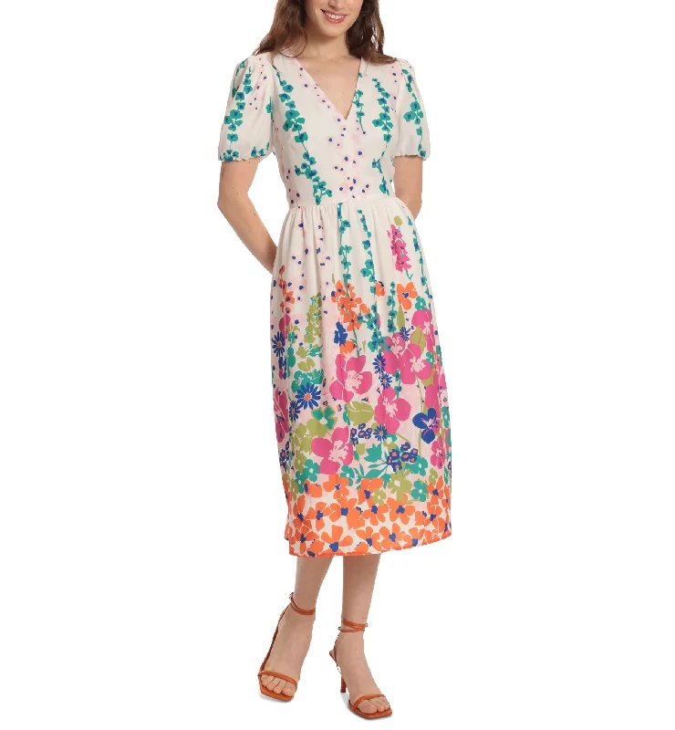 Donna Morgan Puff Sleeve Midi Dress Elegant Floral Appliqué Midi Dress