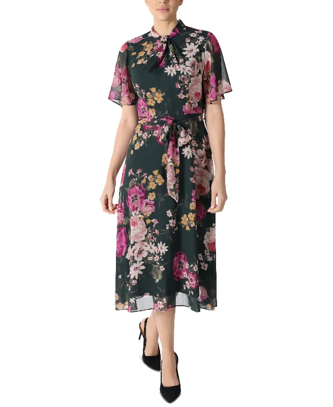 Donna Ricco Printed Flutter Sleeve Midi Dress Elegant Maxi-Midi Hybrid Dress