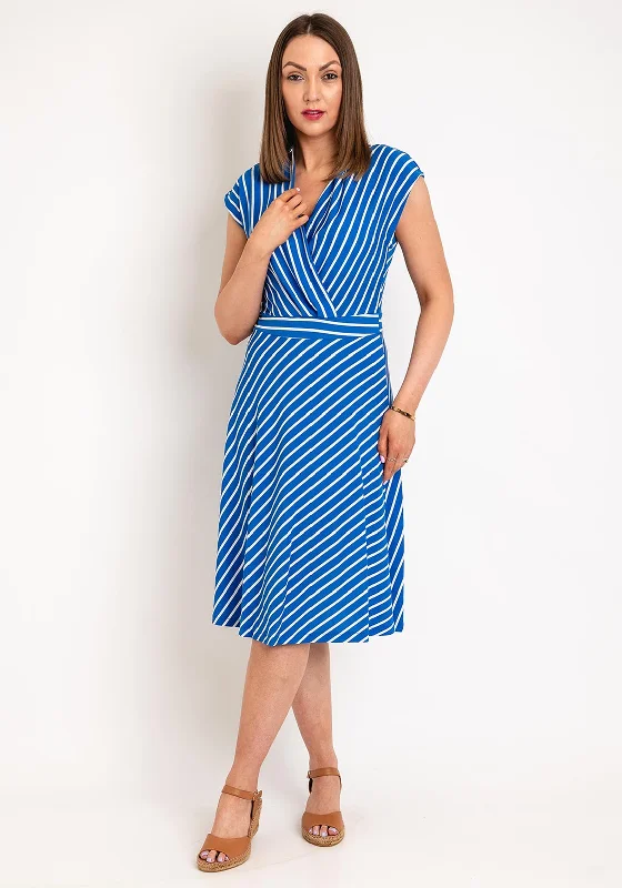 FREEQUENT V-Neck Striped A-Line Midi Dress, Blue Trendy Ruffle Hem Midi Dress