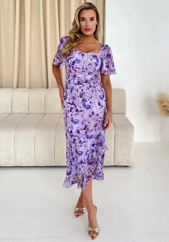 Girl In Mind Heidi Floral Ruched Midi Dress, Purple Fashionable Chiffon Midi Dress