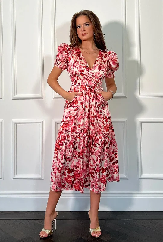 Girl In Mind Maya Floral Wrap Tiered Midi Dress, Pink Comfortable Ruched Midi Dress