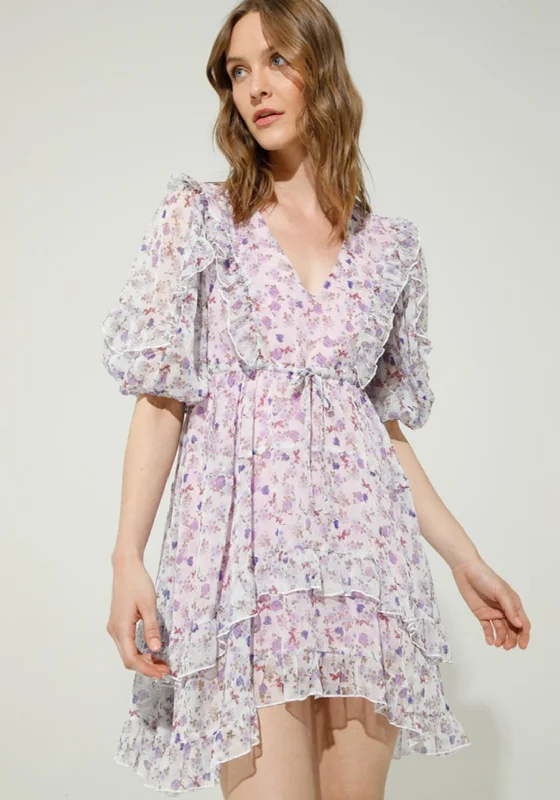 Goa Goa Floral Print Chiffon Mini Dress, Lilac Fashionable Off-Shoulder Mini Dress