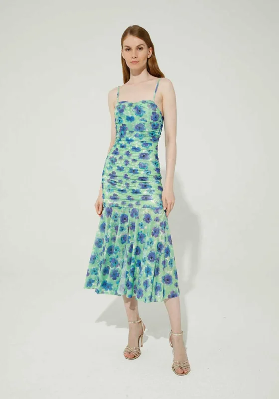 Goa Goa Frida Ruched Tulle Midi Dress, Green Cozy Midi Dress with Pockets