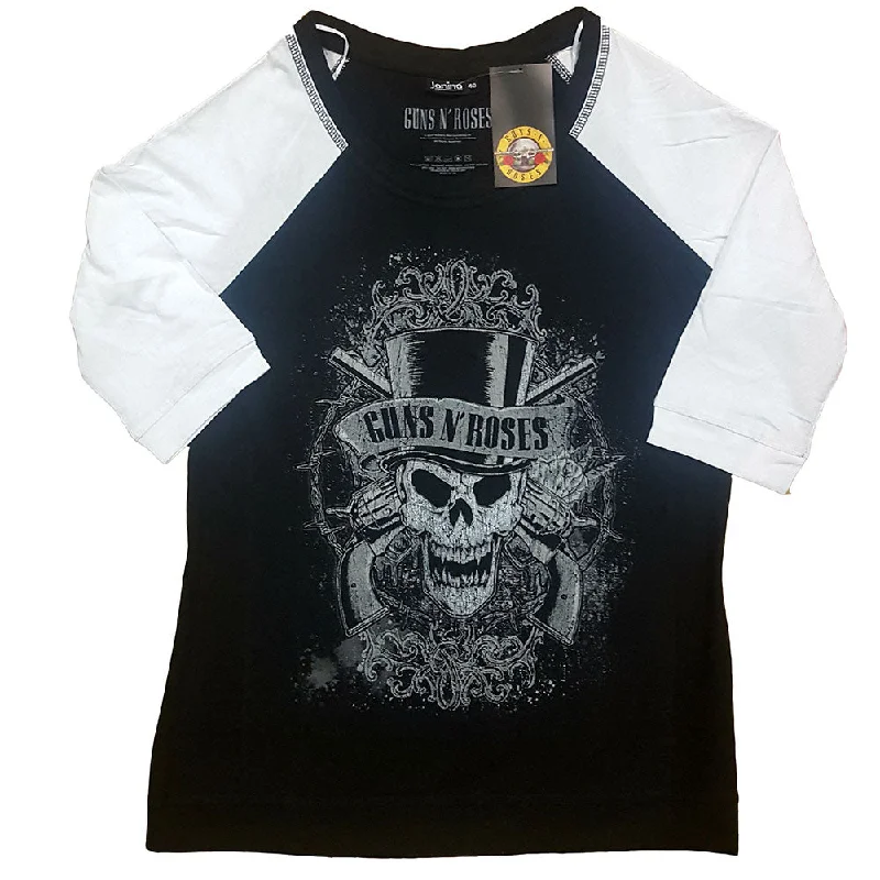 Guns N' Roses Ladies Raglan T-Shirt: Faded Skull Fashionable Trendy Casual