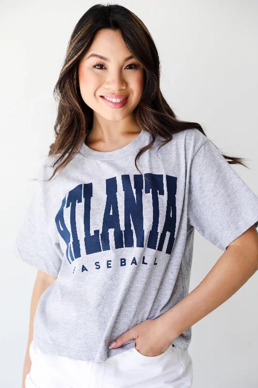 Heather Grey Atlanta Baseball Cropped Tee Front Pockets Side Pockets Patch Pockets