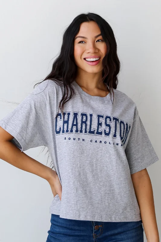 Heather Grey Charleston South Carolina Cropped Tee Beaded Sequined Faux Fur