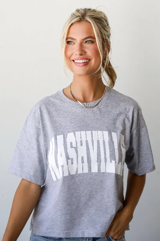 Heather Grey Nashville Cropped Block Letter Tee Print Jacquard Patchwork