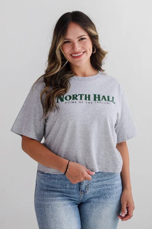 Heather Grey North Hall Home Of The Trojans Cropped Tee Asymmetrical Pockets Print