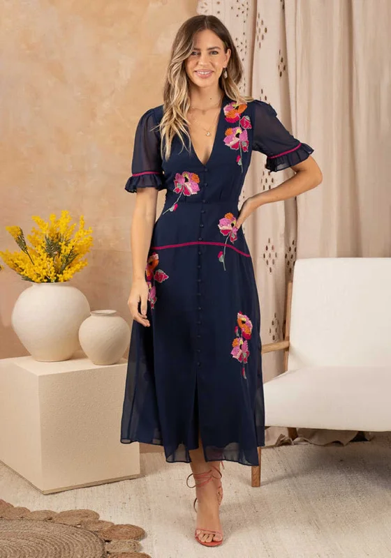 Hope & Ivy Niamh Embroidered Frill Sleeve Button Front Midi Dress, Navy Elegant Satin Midi Dress