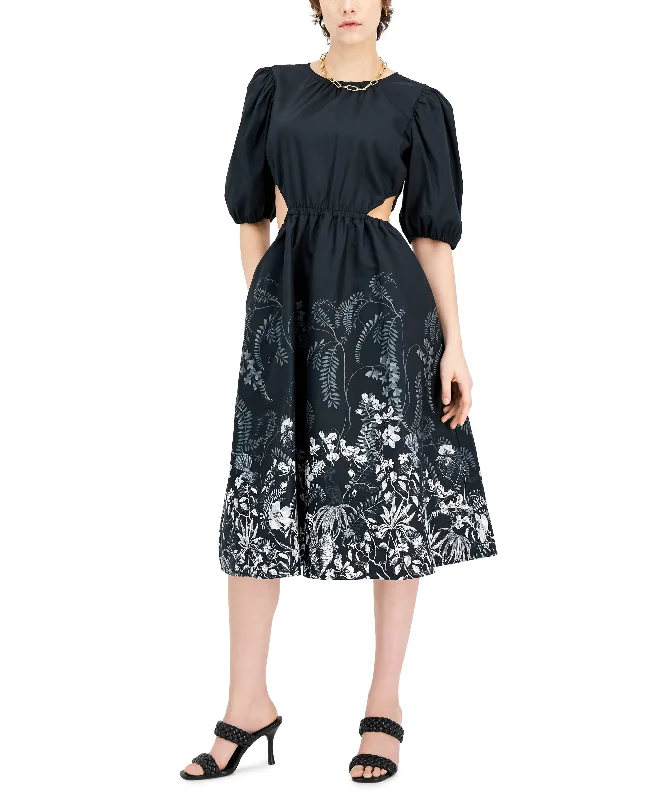 INC International Concepts Cotton Side Cutout Puff Sleeve Midi Dress Stylish Vintage Midi Dress