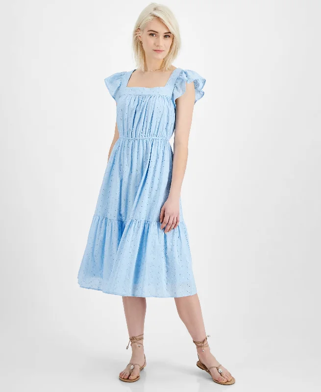 Jamie Layla Petite Eyelet Flutter Sleeve Tiered Midi Dress Stylish Pleated Skirt Midi Dress