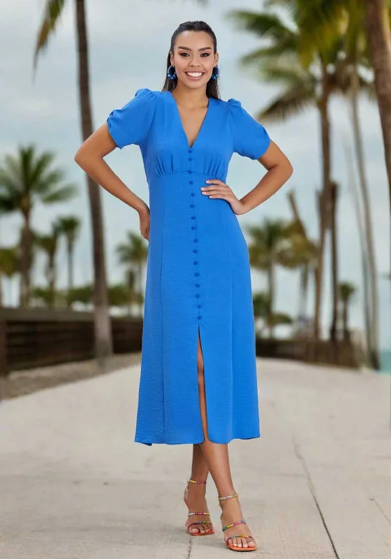 Natalia Collection V Neck Buttoned Midi Dress, Blue Chic Bohemian Midi Dress