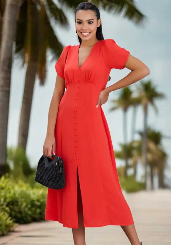 Natalia Collection V Neck Buttoned Midi Dress, Coral Elegant Satin Button Midi Dress