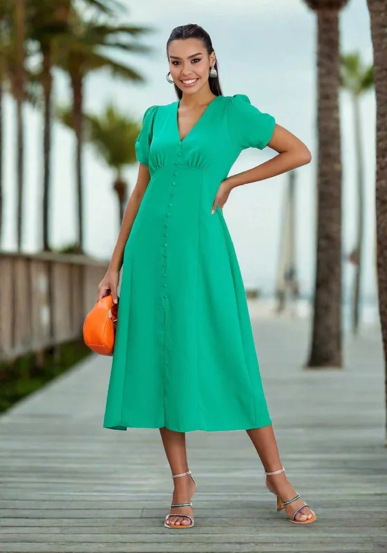 Natalia Collection V Neck Buttoned Midi Dress, Green Fashionable High-Low Midi Dress