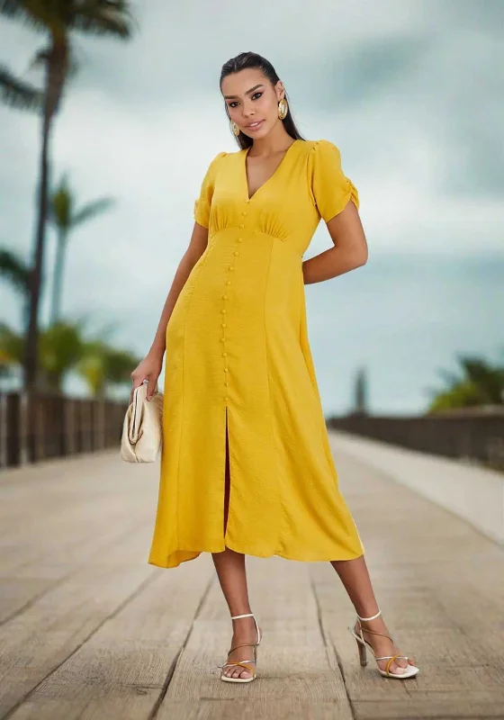 Natalia Collection V Neck Buttoned Midi Dress, Yellow Trendy Ruffled Sleeve Midi Dress