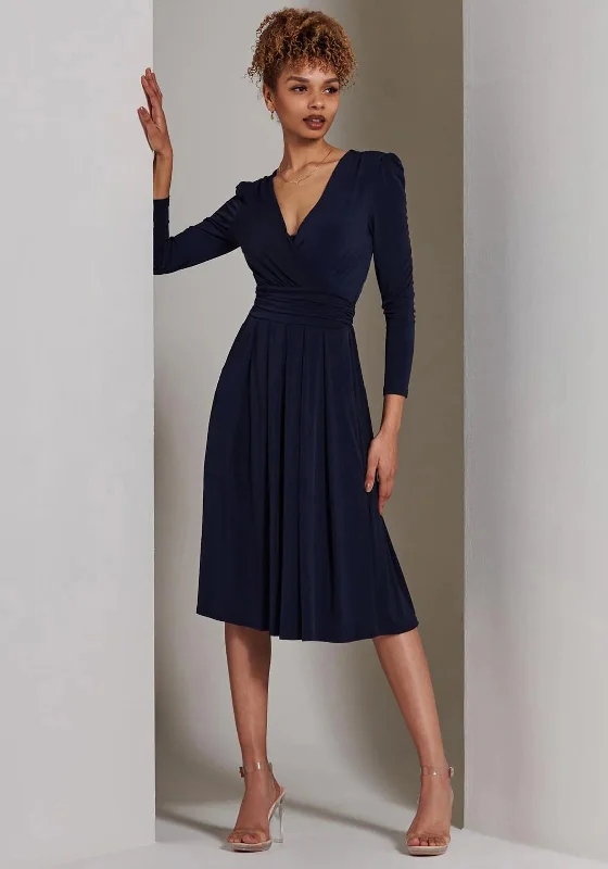 Jolie Moi Plain Long Sleeve Jersey Midi Dress, Navy Fashionable Floral Embroidery Midi Dress