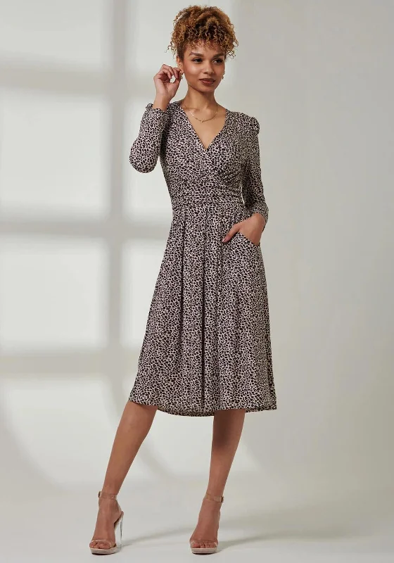 Jolie Moi Rafella Long Sleeve Midi Dress, Animal Multi Elegant Satin Button Midi Dress