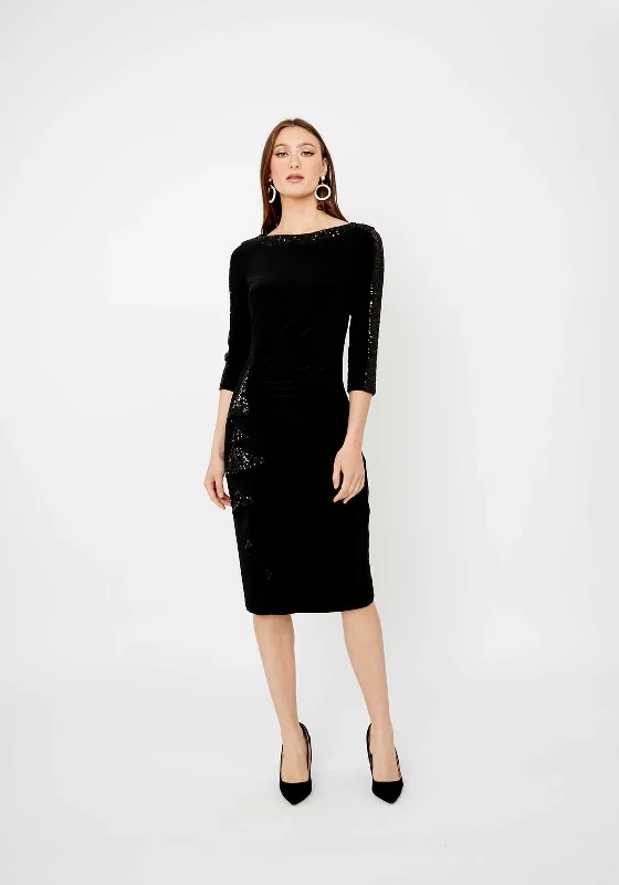 Joseph Ribkoff Sequin Bodycon Midi Dress, Black Elegant V-Neck Midi Dress