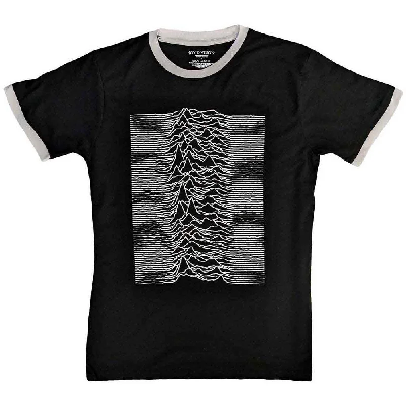 Joy Division | Official Band Ringer T-Shirt - Unknown Pleasures (Back Print) Embroidered Appliqued Beaded