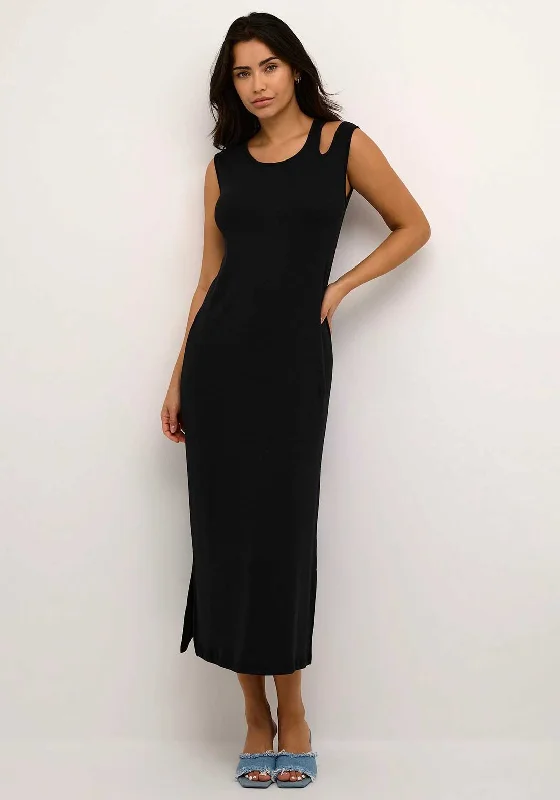 Kaffe Arka Cut Out Shoulder Midi Dress, Black Trendy Long Sleeve Midi Dress