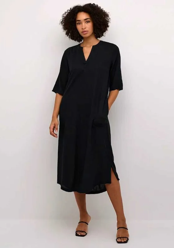 Kaffe Milia Kaftan Linen Blend Midi Dress, Black Stylish Button-Down Midi Dress