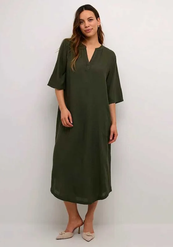 Kaffe Milia Kaftan Linen Blend Midi Dress, Forest Night Trendy Ruffle Hem Midi Dress