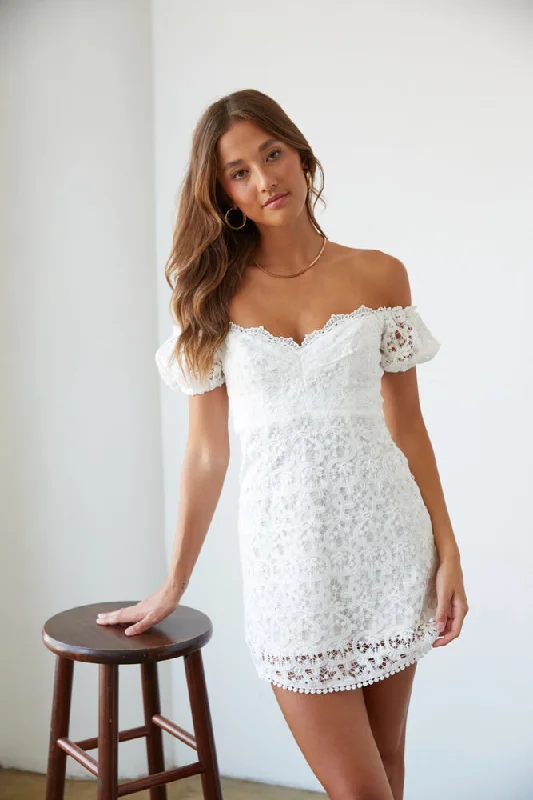 Karlie Lace Off-The-Shoulder Puff Sleeve Mini Dress Elegant Mini Dress with Ruffles