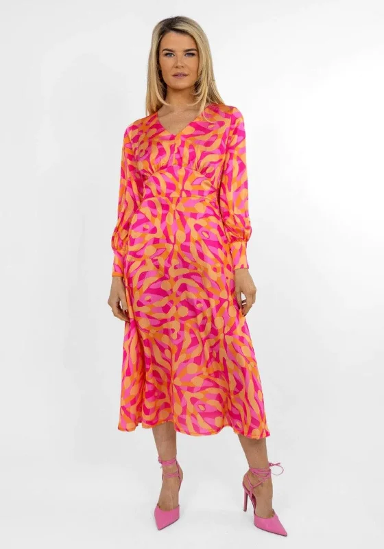 Kate & Pippa Birkin Satin Feel Print Midi Dress, Pink & Orange Trendy Tiered Hem Midi Dress