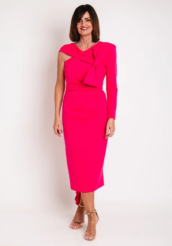 Kevan Jon Carolyn One Shoulder Bow Detail Midi Dress, Hot Pink Elegant Sleeveless Midi Dress