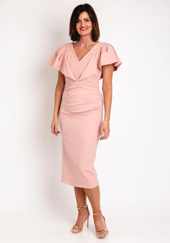 Kevan Jon Karolina Frill Sleeve Midi Dress, Blush Elegant Satin Midi Dress