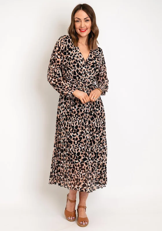 Serafina Collection One Size Leopard Print Pleated Midi Dress, Brown Comfortable Deep V Midi Dress