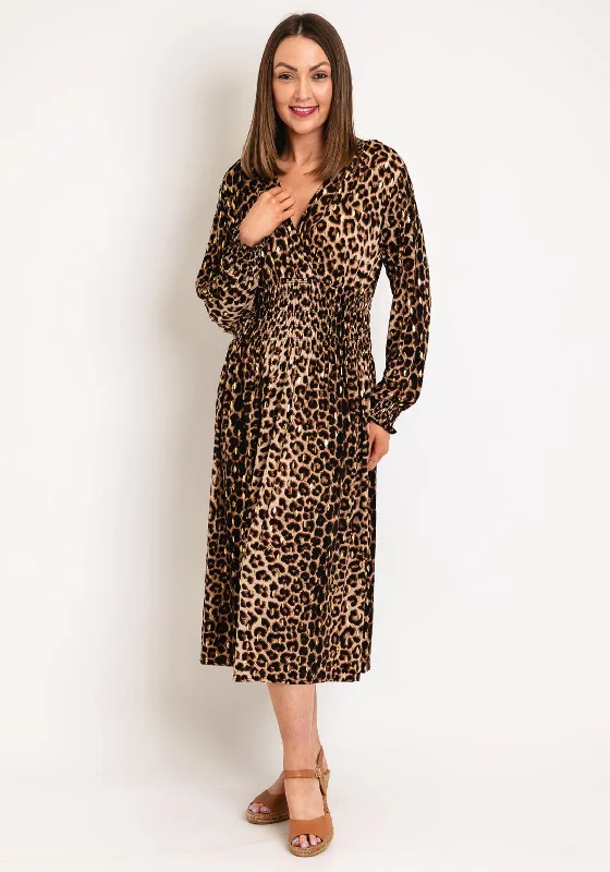 Serafina Collection One Size Leopard Prin Midi Dress, Brown Trendy Smocked Detail Midi Dress