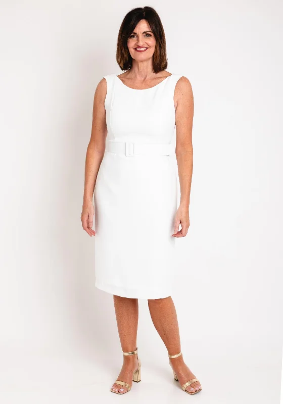 Laura Bernal Round Neck Pencil Midi Dress, White Trendy Smocked Waist Midi Dress