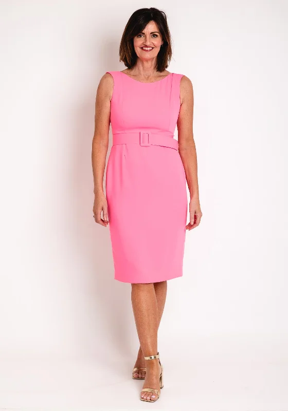 Laura Bernal Round Neck Pencil Midi Dress, Hot Pink Trendy Midi Dress with Belt