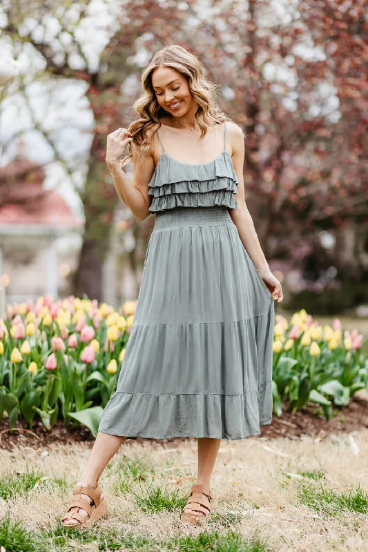 Rokoko Layered Ruffle Tiered Smocked Midi Dress for Women in Green | R602219-SAG Stylish Color Block Midi Dress