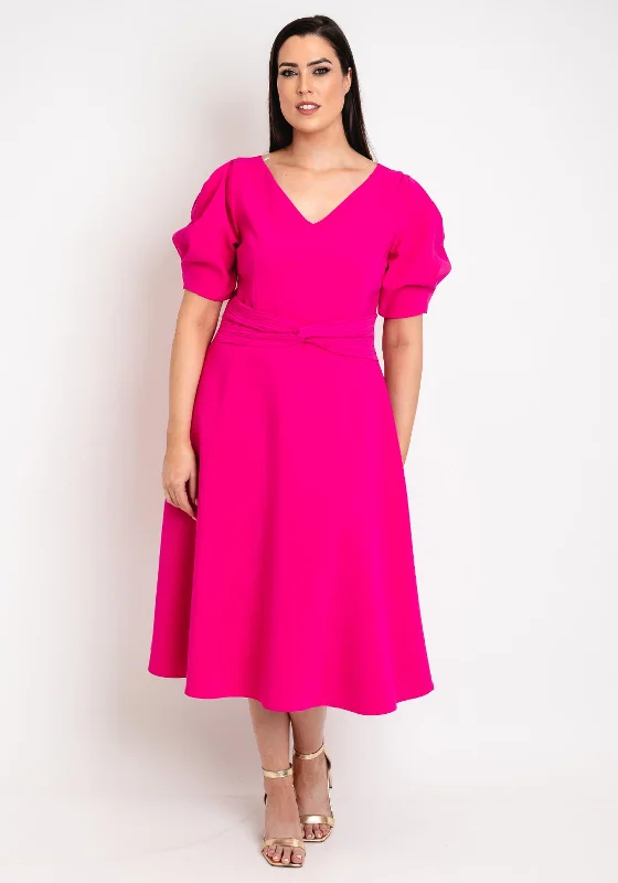 Lizabella Knot Waist V Neck Midi Dress, Hot Pink Stylish Button-Up Midi Dress