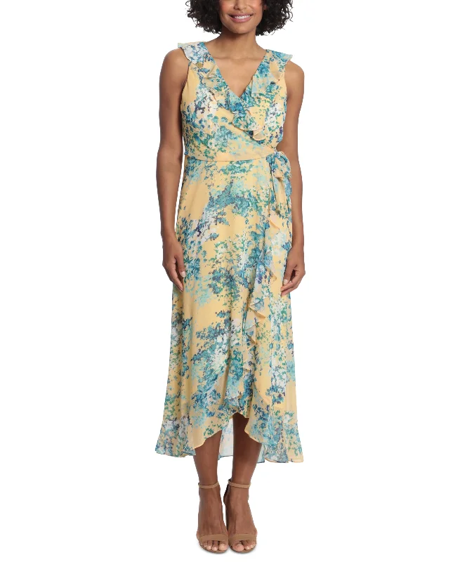 London Times Womens Ruffled Floral Midi Dress Chic Floral Print Midi Dress