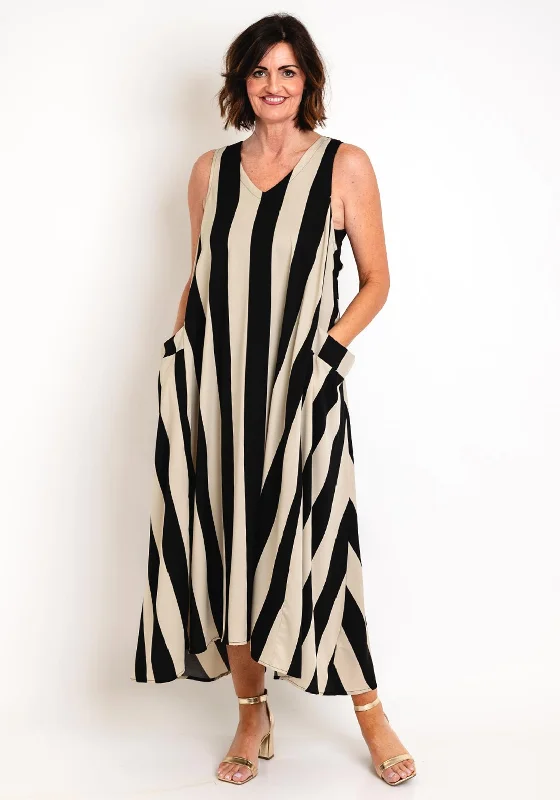 Natalia Collection One Size Flowy Striped Midi Dress, Black Stylish Satin Midi Dress