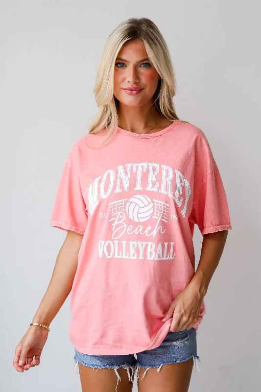 FINAL SALE - Monterey Beach Volleyball Coral Graphic Tee Ribbed T-Shirt High Neck Heavyweight