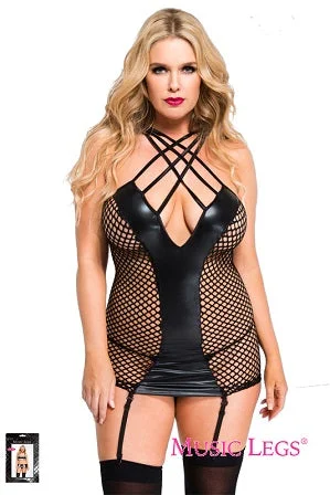 Music Legs Plus Size Strappy Fishnet And Wet Look Garter Mini Dress 20034Q Comfortable Linen Mini Dress