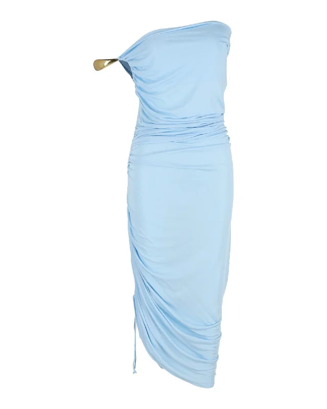 One-Shoulder Gathered Midi Dress in Light Blue Viscose Chic Bohemian Midi Dress