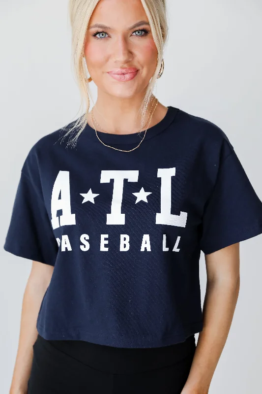 Navy ATL Baseball Star Cropped Tee Rayon Velvet Corduroy